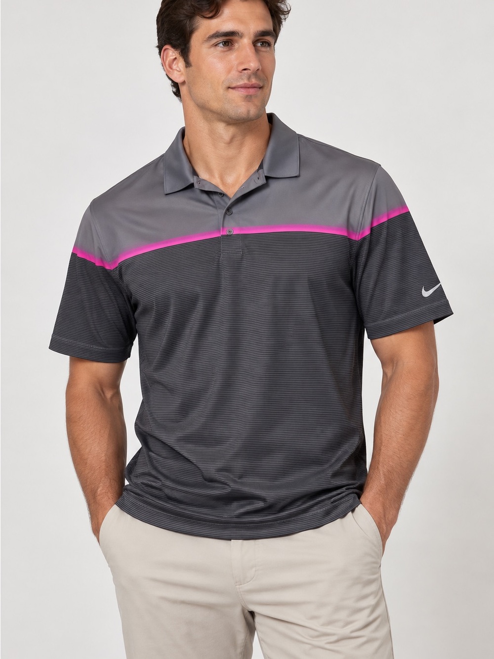 Nike Golf Dri-FIT Men’s Gray Pink Stripe Performance Polo Shirt